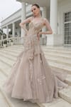 Buy_Presto Couture_Peach Net Sequins, Crystals, Embroidery Halter Neck Floral Fish Cut Gown _at_Aza_Fashions