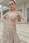 Shop_Presto Couture_Peach Net Sequins, Crystals, Embroidery Halter Neck Floral Fish Cut Gown _at_Aza_Fashions