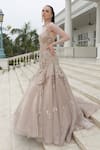 Buy_Presto Couture_Peach Net Sequins, Crystals, Embroidery Halter Neck Floral Fish Cut Gown _Online_at_Aza_Fashions