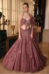 Buy_Presto Couture_Maroon Tissue, Organza Beads, Sequins Sweetheart Neck Metallic Embroidered Gown _at_Aza_Fashions