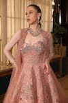 Presto Couture_Peach Tissue, Organza Beads, Sequins 3d Floral Embroidered Gown With Cape _Online_at_Aza_Fashions