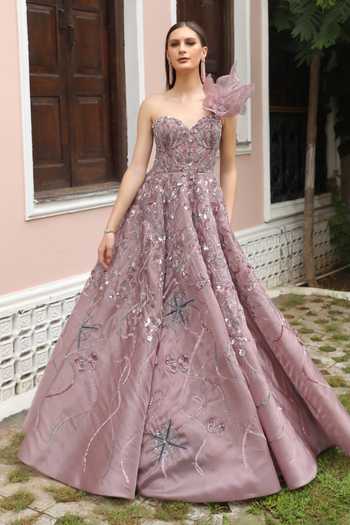 Buy_Presto Couture_Pink Organza Applique, Sequins Sweetheart Neck 3d Butterfly Embroidered Gown _at_Aza_Fashions