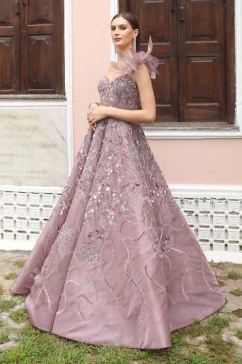 Shop_Presto Couture_Pink Organza Applique, Sequins Sweetheart Neck 3d Butterfly Embroidered Gown _at_Aza_Fashions