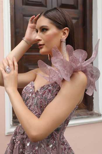 Presto Couture_Pink Organza Applique, Sequins Sweetheart Neck 3d Butterfly Embroidered Gown _Online_at_Aza_Fashions