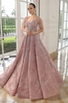 Buy_PRESTO COUTURE_Pink Tissue Organza Embroidery Bead Sweetheart Neck Florette Gown With Cape _at_Aza_Fashions