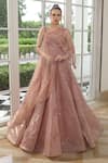 Buy_Presto Couture_Peach Tissue, Organza Sequins Orchid Blooms Embroidered Gown With Cape _at_Aza_Fashions