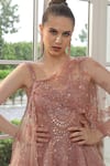 Shop_Presto Couture_Peach Tissue, Organza Sequins Orchid Blooms Embroidered Gown With Cape _at_Aza_Fashions