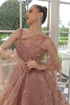 Buy_Presto Couture_Peach Tissue, Organza Sequins Orchid Blooms Embroidered Gown With Cape _Online_at_Aza_Fashions