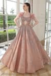 Buy_Presto Couture_Pink Tissue, Organza Cut Work Sweetheart Botanical Embroidered Gown With Cape _at_Aza_Fashions
