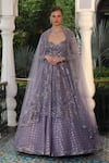 Buy_Presto Couture_Purple Satin, Organza Cut Work, Beads, Stripe Embroidered Jacket Lehenga Set _at_Aza_Fashions