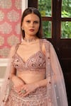 PRESTO COUTURE_Pink Net Hand Embroidery Sequins Sweetheart Floral Jharokha Bridal Lehenga Set_Online_at_Aza_Fashions