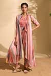 Buy_Whimsical By Shica x AZA_Pink Organza Satin Printed Stroke V Stole Jumpsuit _Online