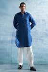 Charkhee_Blue Kurta Linen Plain Pathani With Salwar _Online_at_Aza_Fashions