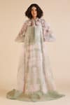 Buy_Pankaj & Nidhi_Green Organza Printed Cypress Sleeve Embellished Cape With Dress  _at_Aza_Fashions