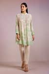 Buy_Pankaj & Nidhi_Green Silk Crepe Printed Floral Mandarin Collar Cypress Kurta  _at_Aza_Fashions