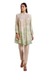 Pankaj & Nidhi_Green Silk Crepe Printed Floral Mandarin Collar Cypress Kurta  _Online_at_Aza_Fashions