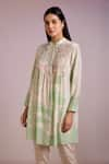 Shop_Pankaj & Nidhi_Green Silk Crepe Printed Floral Mandarin Collar Cypress Kurta  _Online_at_Aza_Fashions