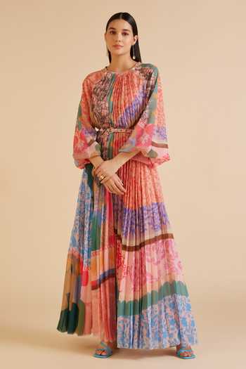 Buy_Pankaj & Nidhi_Multi Color Chiffon Embroidery Round Ornament Printed Pleated Dress With Belt _at_Aza_Fashions