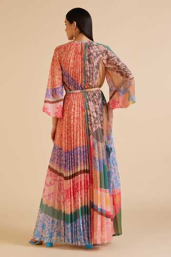 Shop_Pankaj & Nidhi_Multi Color Chiffon Embroidery Round Ornament Printed Pleated Dress With Belt _at_Aza_Fashions