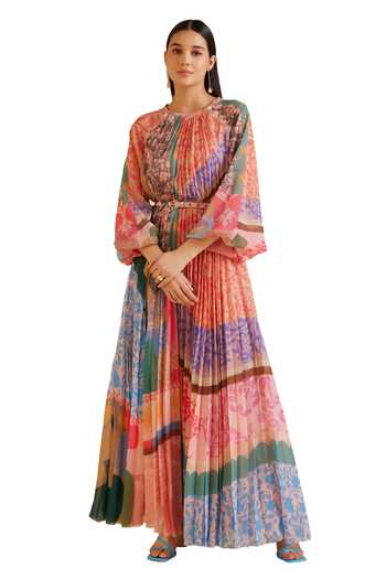 Pankaj & Nidhi_Multi Color Chiffon Embroidery Round Ornament Printed Pleated Dress With Belt _Online_at_Aza_Fashions