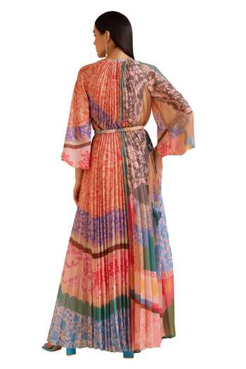 Buy_Pankaj & Nidhi_Multi Color Chiffon Embroidery Round Ornament Printed Pleated Dress With Belt _Online_at_Aza_Fashions