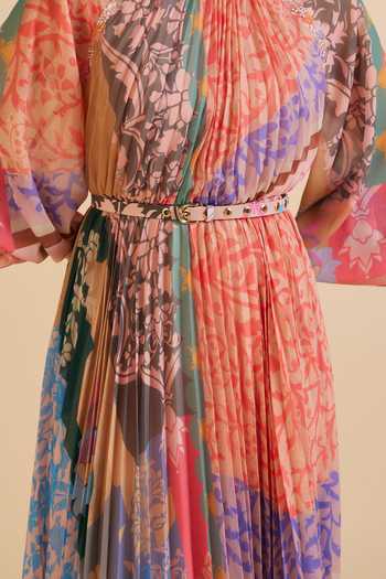 Shop_Pankaj & Nidhi_Multi Color Chiffon Embroidery Round Ornament Printed Pleated Dress With Belt _Online_at_Aza_Fashions