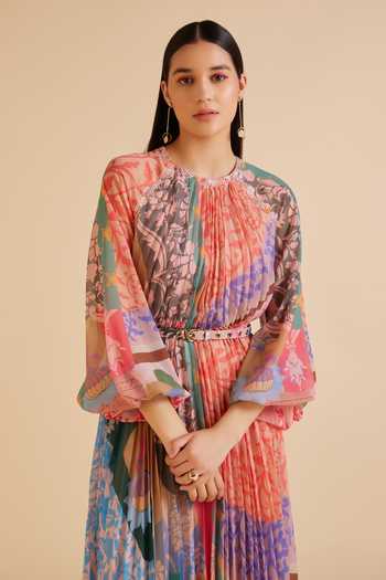 Pankaj & Nidhi_Multi Color Chiffon Embroidery Round Ornament Printed Pleated Dress With Belt _at_Aza_Fashions