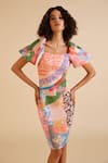 Pankaj & Nidhi_Multi Color Neoprene Printed Floral Square Ornament Sheath Dress  _at_Aza_Fashions