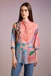 Buy_Pankaj & Nidhi_Multi Color Cotton Silk Printed Flower Band Collar Ornament Shirt  _Online_at_Aza_Fashions