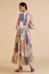Shop_Pankaj & Nidhi_Multi Color Chiffon Print Fleur Art Plunging Arch Tiered Midi Dress _at_Aza_Fashions