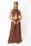 Buy_Rabani & Rakha_Purple Crepe, Georgette Sequins, Embroidery Halter Floral Print Top Palazzo Set _at_Aza_Fashions