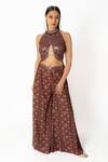 Rabani & Rakha_Purple Crepe, Georgette Sequins, Embroidery Halter Floral Print Top Palazzo Set _Online_at_Aza_Fashions