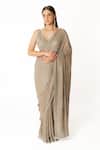 Buy_Rabani & Rakha_Silver Georgette Cut Work, Sequins, Embroidery Fern Jaal Hand Saree With Blouse _at_Aza_Fashions