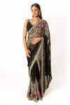 Buy_Rabani & Rakha_Black Net, Georgette Sequins, Pearls, Cut Work, Floral Resham Saree Set _at_Aza_Fashions