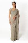 Rabani & Rakha_Gray Georgette Cut Work, Pearls, Sequins Silver Grey Hand Embroidered Saree Set _Online_at_Aza_Fashions