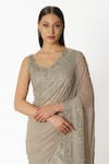 Rabani & Rakha_Gray Georgette Cut Work, Pearls, Sequins Silver Grey Hand Embroidered Saree Set _at_Aza_Fashions