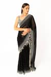 Rabani & Rakha_Black Net, Georgette Pearls, Feathers Scoop Neck Peal Embroidered Saree Set _Online_at_Aza_Fashions