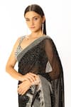 Rabani & Rakha_Black Net, Georgette Pearls, Feathers Scoop Neck Peal Embroidered Saree Set _at_Aza_Fashions