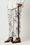 Varun Bahl_White Linen Printed Floral Trouser _Online_at_Aza_Fashions