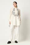 Buy_Varun Bahl_Ivory Chanderi Embroidered Thread Band Collar High-low Top _at_Aza_Fashions