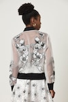 Shop_Varun Bahl_White Organza And Poplin Applique Floral Jacket Stand Bomber Skirt Set 