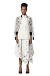 Varun Bahl_White Organza And Poplin Applique Floral Jacket Stand Bomber Skirt Set _Online