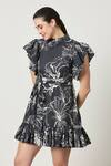 Buy_Varun Bahl_Black Linen Print Floral Stand Collar Bloom Dress With Belt _Online_at_Aza_Fashions