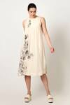 Buy_Varun Bahl_Ivory Viscose Crepe Print Floral Round Neck Flower A-line Dress_at_Aza_Fashions