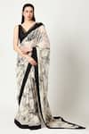 Buy_Varun Bahl_Ivory Georgette Print Floral V Neck Saree With Blouse _at_Aza_Fashions