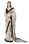 Varun Bahl_Ivory Georgette Print Floral V Neck Saree With Blouse _Online_at_Aza_Fashions