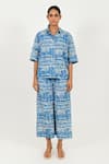 Rias Jaipur_Blue Linen Printed Dabu Mud Resist Collar Shirt And Pant Set _Online_at_Aza_Fashions
