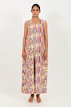 Rias Jaipur_Multi Color Linen Hand Block Printed Striped V Neck Jumpsuit _Online_at_Aza_Fashions