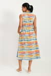 Shop_Rias Jaipur_Multi Color 100% Organic Cotton Hand Block Printed Striped V Neck Midi Dress _at_Aza_Fashions