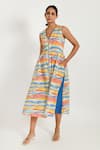 Rias Jaipur_Multi Color 100% Organic Cotton Hand Block Printed Striped V Neck Midi Dress _Online_at_Aza_Fashions